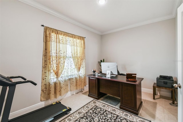 office space featuring crown molding and baseboards