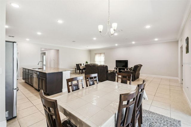 dining space with light tile patterned flooring, recessed lighting, and ornamental molding