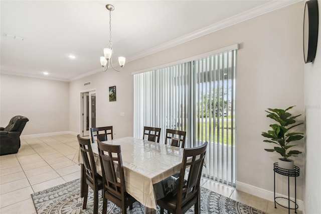 dining room with crown molding, baseboards, light tile patterned floors, and an inviting chandelier