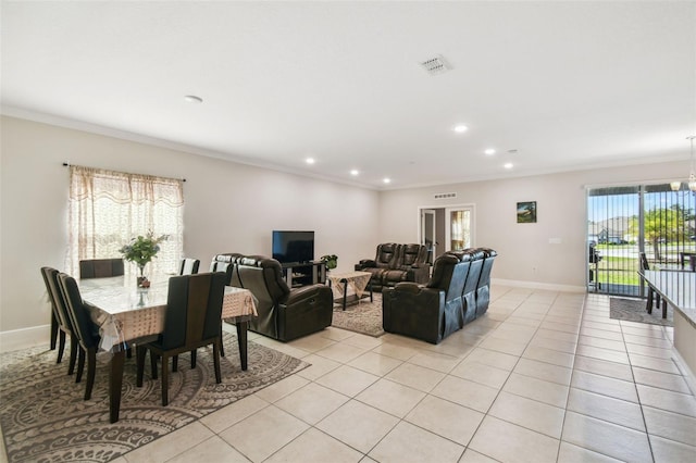 living room with recessed lighting, visible vents, ornamental molding, and light tile patterned floors