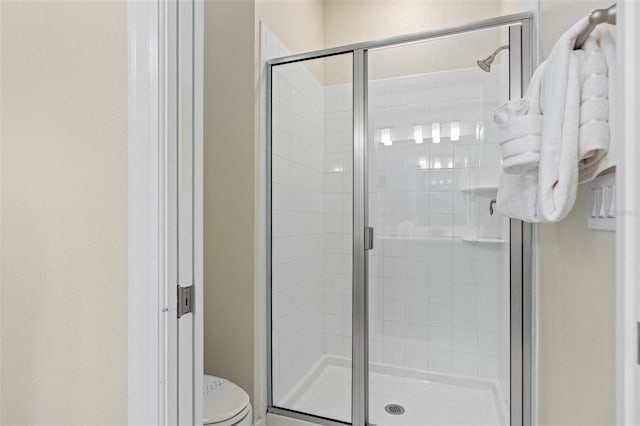 full bathroom featuring a shower stall and toilet