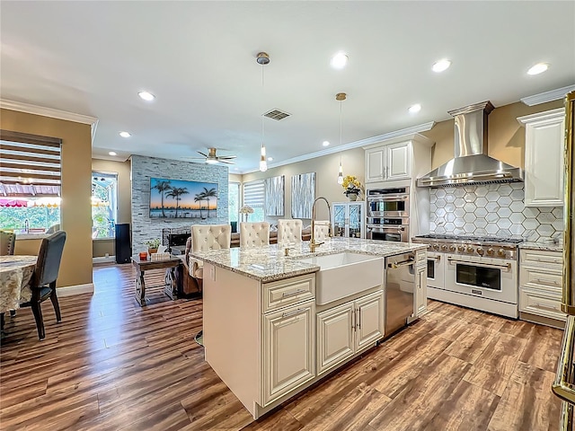 3008 Sutton Woods Dr, Plant City, FL 33566 - kitchen featuring wall chimney range hood, appliances with stainless steel finishes, a sink, and a healthy amount of sunlight