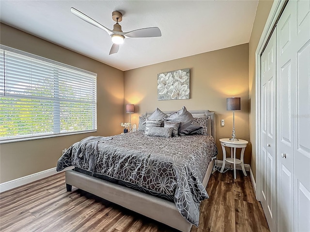 3008 Sutton Woods Dr, Plant City, FL 33566 - bedroom with baseboards, ceiling fan, wood finished floors, and a closet