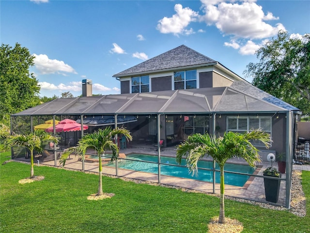 3008 Sutton Woods Dr, Plant City, FL 33566 - back of house featuring a patio, glass enclosure, an outdoor pool, and a lawn