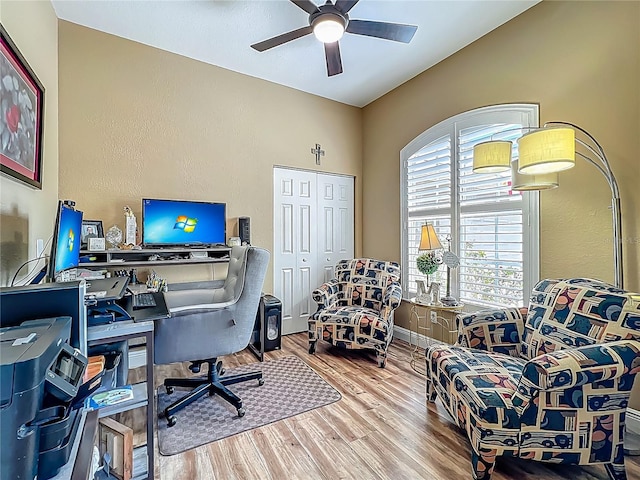 3008 Sutton Woods Dr, Plant City, FL 33566 - office with baseboards, ceiling fan, a textured wall, and wood finished floors