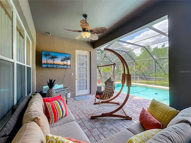 3008 Sutton Woods Dr, Plant City, FL 33566 - exterior space with an outdoor hangout area, a swimming pool, and a ceiling fan