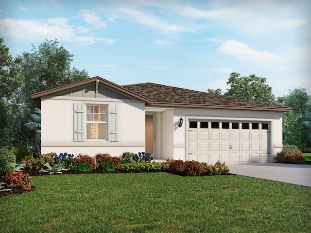 view of front facade with driveway, an attached garage, a front yard, and stucco siding