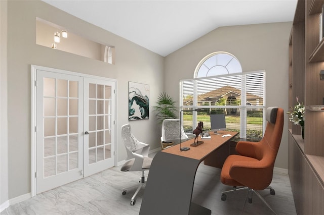9885 Montclair Cir, Apopka, FL 32703 - home office featuring baseboards, high vaulted ceiling, and french doors