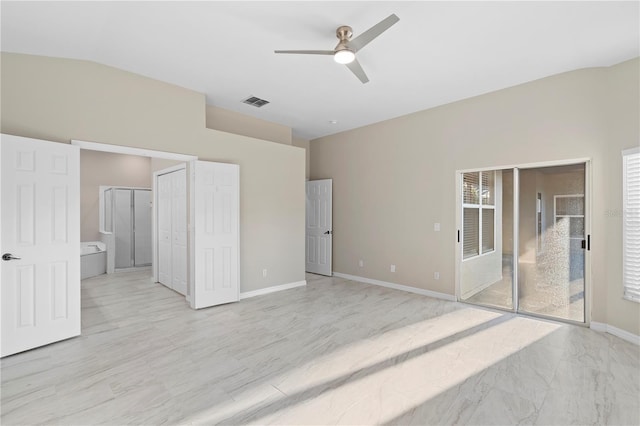 9885 Montclair Cir, Apopka, FL 32703 - unfurnished bedroom featuring visible vents, access to exterior, baseboards, a ceiling fan, and ensuite bath