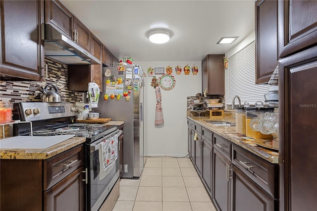 1828 Matterhorn Dr, Orlando, FL 32818 - kitchen with dark brown cabinets, under cabinet range hood, tasteful backsplash, a sink, and stainless steel range