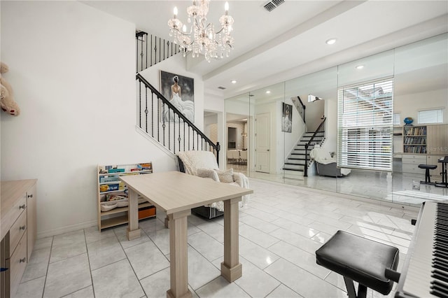 9567 Meadow Hunt Way, Winter Garden, FL 34787 - interior space with visible vents, baseboards, stairway, recessed lighting, and a notable chandelier