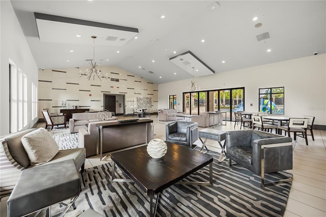 9567 Meadow Hunt Way, Winter Garden, FL 34787 - living room featuring visible vents, recessed lighting, a chandelier, and high vaulted ceiling