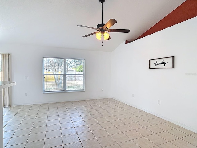 spare room featuring high vaulted ceiling, ceiling fan, and light tile patterned flooring