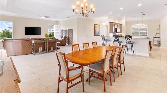 871 Iron Oak Way, The Villages, FL 32163 - dining space featuring baseboards, ceiling fan with notable chandelier, recessed lighting, and light tile patterned flooring
