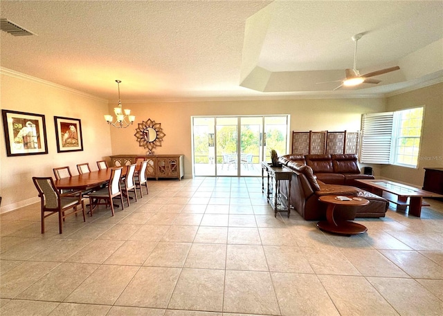 871 Iron Oak Way, The Villages, FL 32163 - living room with a textured ceiling, ornamental molding, light tile patterned flooring, and visible vents