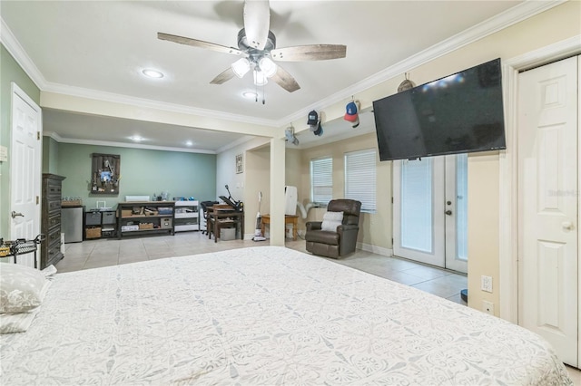 bedroom with tile patterned floors, ornamental molding, french doors, and recessed lighting