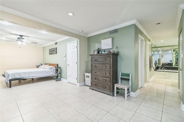 bedroom with crown molding, light tile patterned flooring, recessed lighting, baseboards, and visible vents