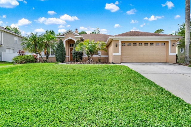 ranch-style house featuring stucco siding, concrete driveway, and a front yard