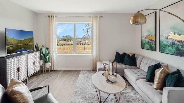 living area featuring baseboards and wood finished floors