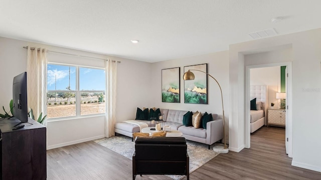 living area featuring baseboards, wood finished floors, and visible vents
