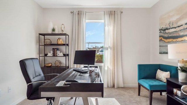 carpeted home office with baseboards