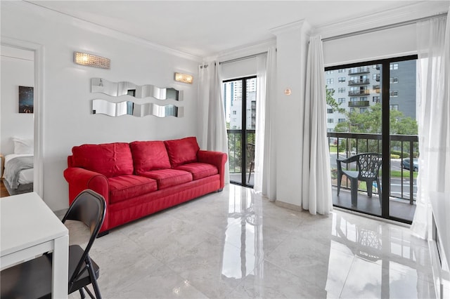 living area with ornamental molding