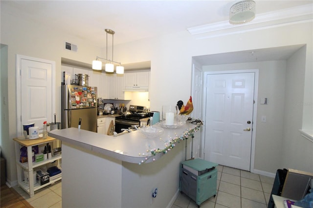 kitchen with visible vents, appliances with stainless steel finishes, light tile patterned floors, under cabinet range hood, and white cabinetry