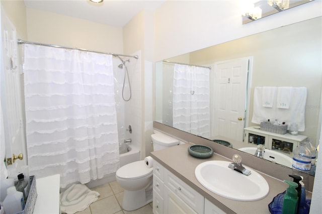 full bathroom featuring vanity, toilet, tile patterned floors, and shower / tub combo with curtain