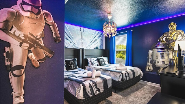 carpeted bedroom with baseboards, a textured wall, and a chandelier