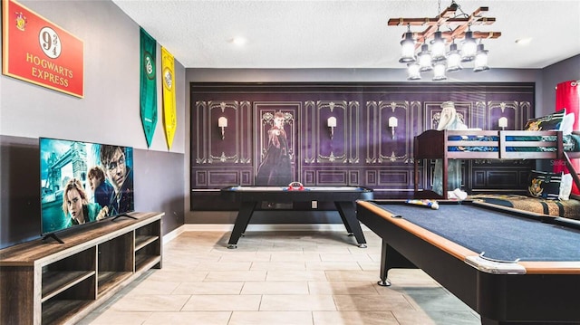 game room featuring billiards, a textured ceiling, tile patterned floors, a chandelier, and recessed lighting