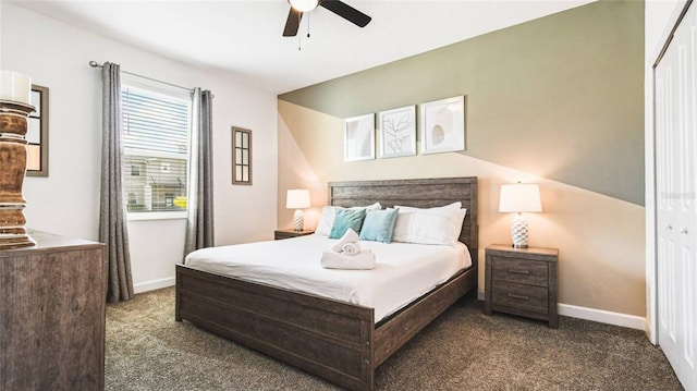 carpeted bedroom featuring baseboards, ceiling fan, and a closet