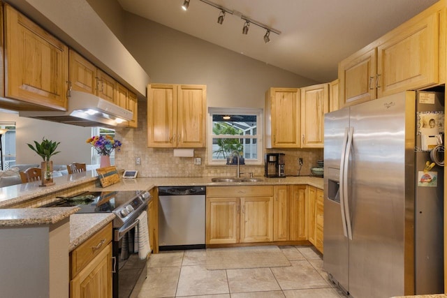 kitchen with a sink, stainless steel appliances, rail lighting, under cabinet range hood, and vaulted ceiling