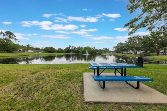 surrounding community with a water view and a lawn