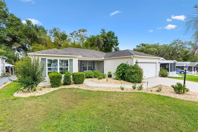 ranch-style house with a garage, concrete driveway, and a front lawn