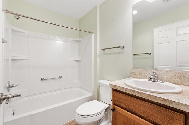 full bathroom featuring vanity, shower / bathtub combination, toilet, and visible vents