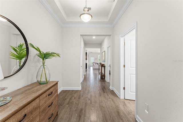 corridor featuring baseboards, a raised ceiling, and wood finished floors