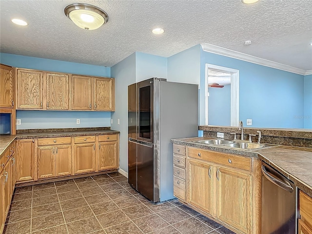 499 W Beresford Rd, Deland, FL 32720 - kitchen with appliances with stainless steel finishes, a sink, dark countertops, ornamental molding, and a textured ceiling