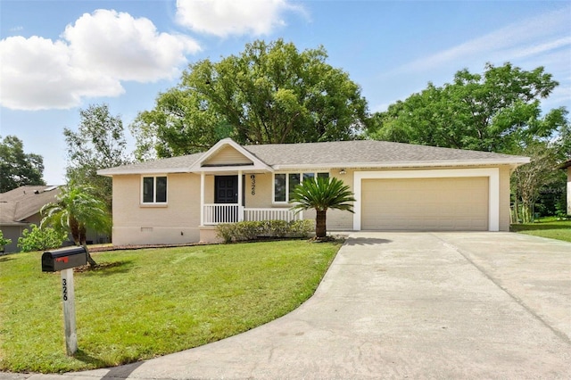 ranch-style house with a garage, crawl space, a front yard, covered porch, and driveway