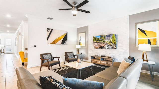 2936 Protagonist St, Kissimmee, FL 34746 - tiled living area with crown molding, ceiling fan, recessed lighting, baseboards, and visible vents
