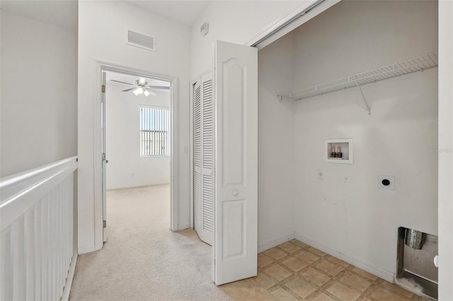 clothes washing area featuring hookup for an electric dryer, laundry area, a ceiling fan, visible vents, and hookup for a washing machine