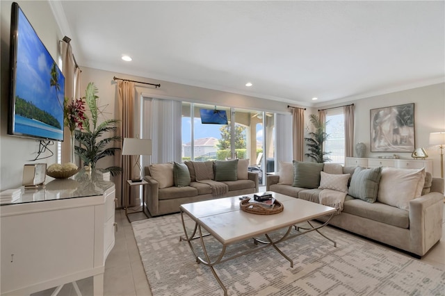 living room featuring crown molding, recessed lighting, and light tile patterned floors