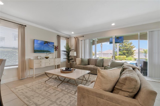 living room with baseboards, ornamental molding, recessed lighting, and light tile patterned flooring