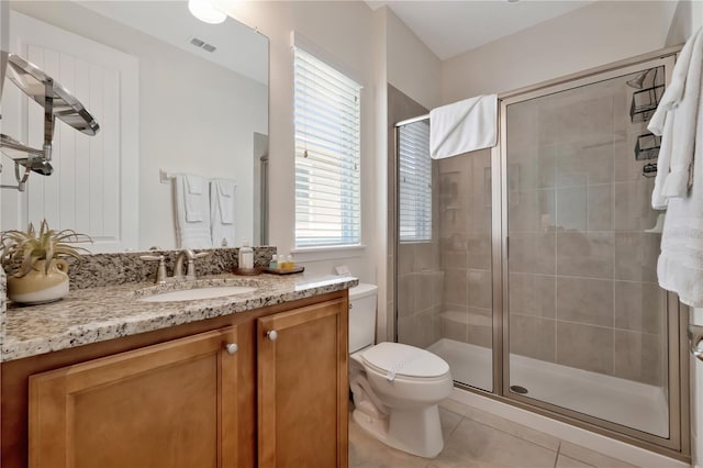 bathroom with tile patterned flooring, visible vents, vanity, toilet, and a stall shower