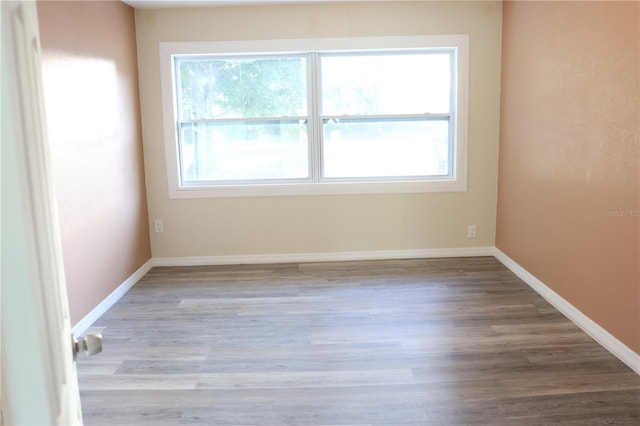 unfurnished room featuring baseboards, wood finished floors, and a wealth of natural light