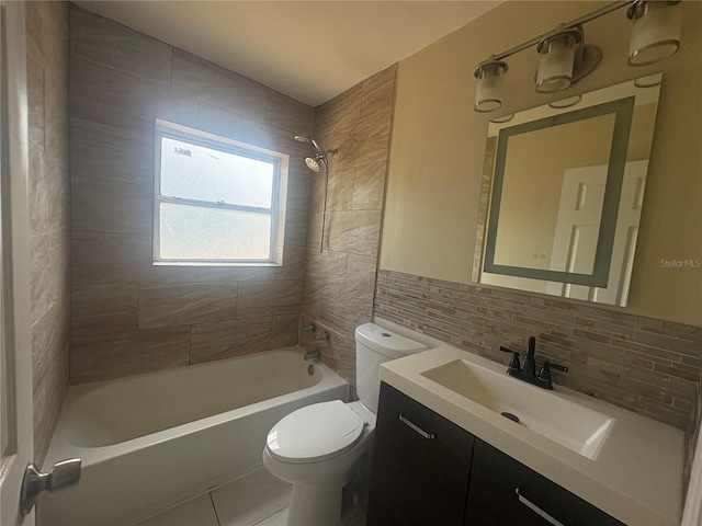 bathroom featuring vanity, shower / bathtub combination, toilet, tile patterned floors, and backsplash