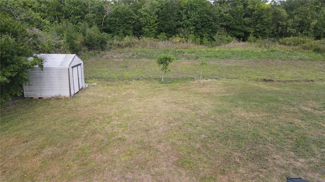 view of yard with an outdoor structure, a storage shed, and a forest view