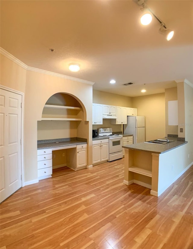 kitchen with crown molding, open shelves, under cabinet range hood, and white appliances