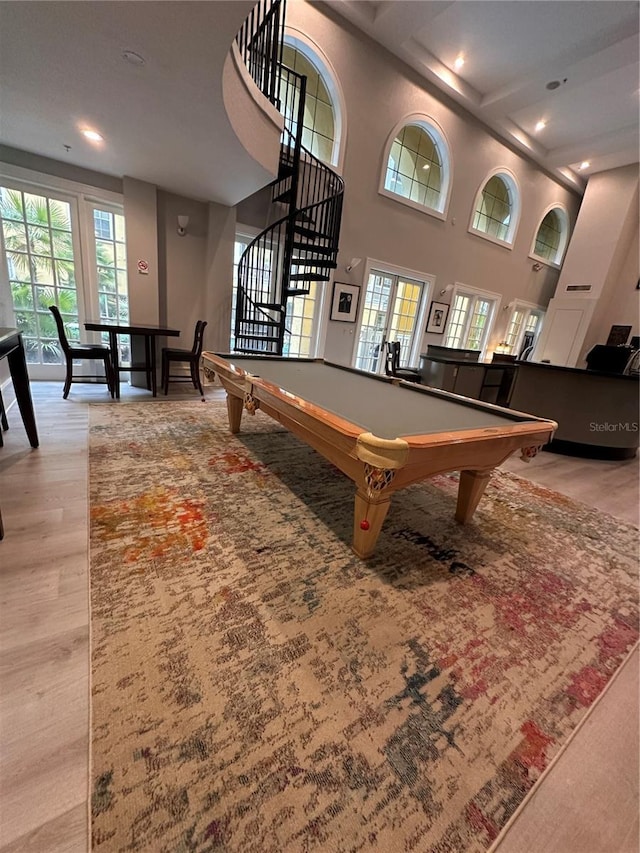 playroom with pool table, baseboards, a high ceiling, recessed lighting, and light wood-style flooring