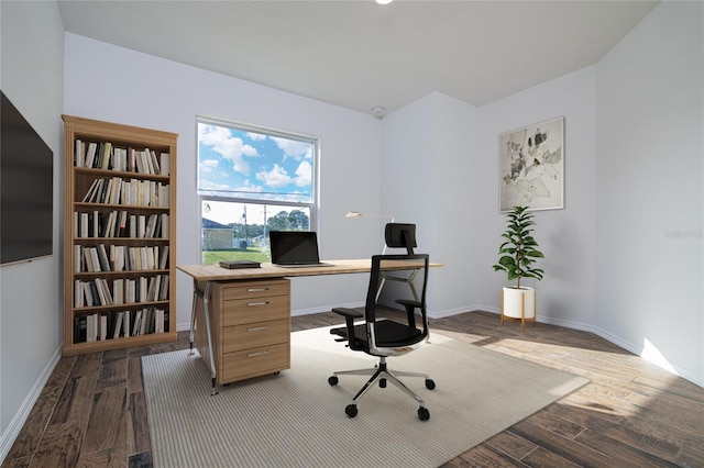 office space featuring baseboards and dark wood-style flooring