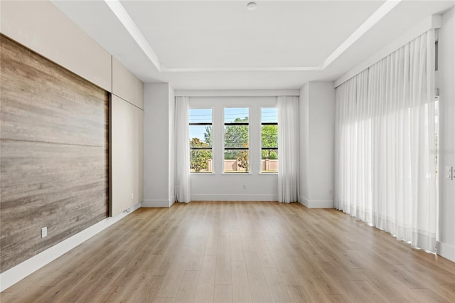 unfurnished room with light wood finished floors, a raised ceiling, and baseboards